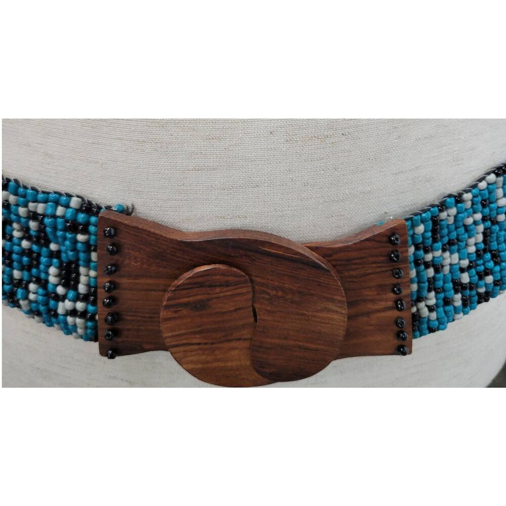 Vintage Womens Beaded Fashion Belt Turquoise Black Wood Buckle Elastic‎ Boho